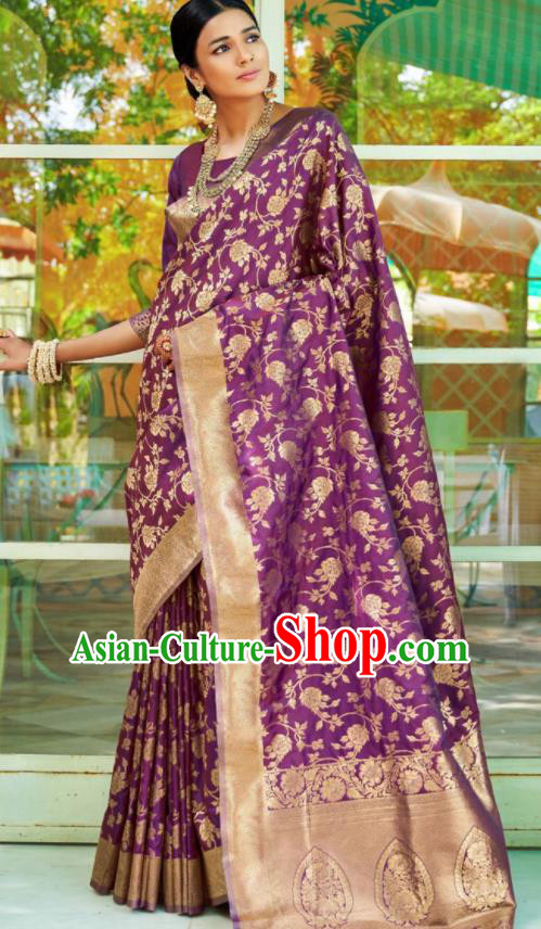 Asian Traditional Indian Court Queen Purple Silk Sari Dress India National Festival Bollywood Costumes for Women