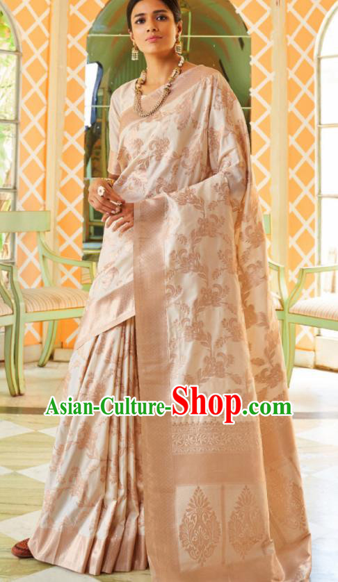 Asian Traditional Indian Court Queen Champagne Silk Sari Dress India National Festival Bollywood Costumes for Women