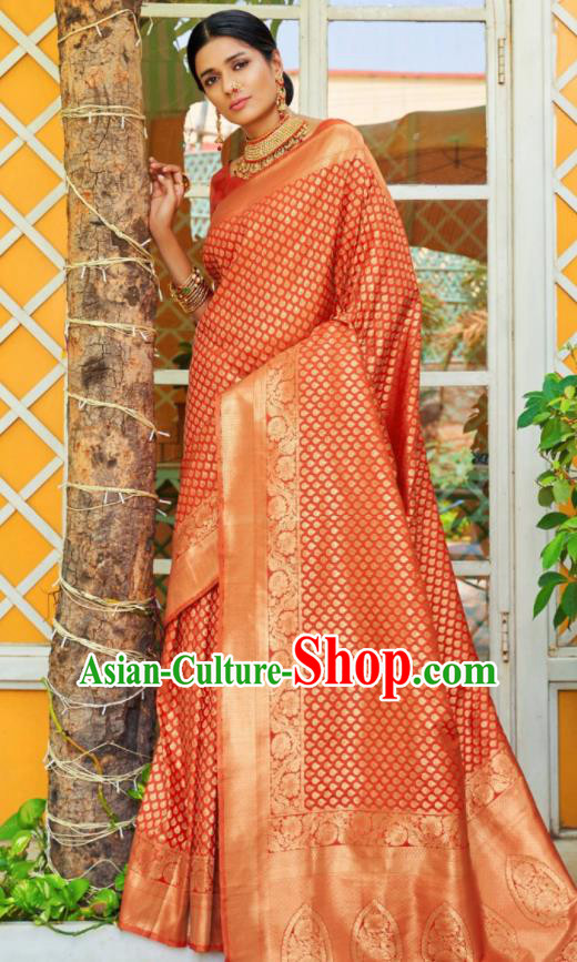 Asian Traditional Indian Court Queen Orange Silk Sari Dress India National Festival Bollywood Costumes for Women