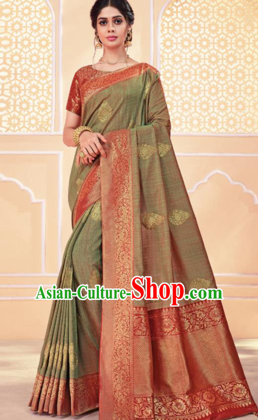 Asian Traditional Indian Light Green Art Silk Sari Dress India National Festival Bollywood Costumes for Women