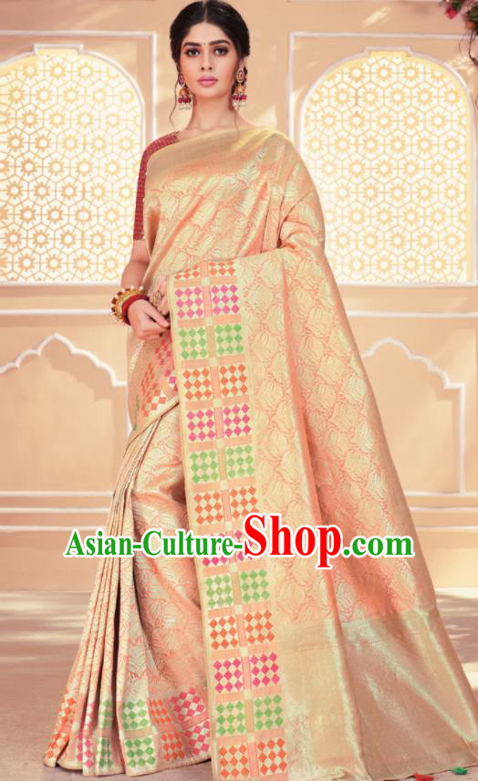 Asian Traditional Indian Light Pink Art Silk Sari Dress India National Festival Bollywood Costumes for Women