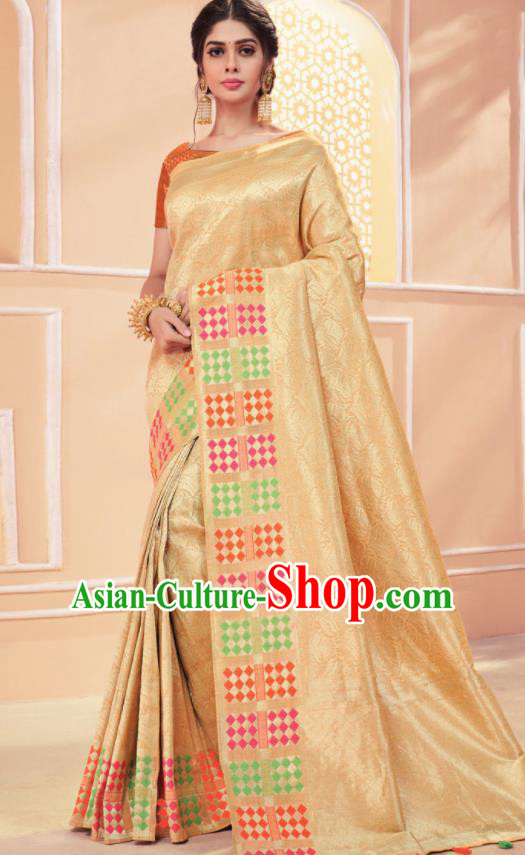 Asian Traditional Indian Light Golden Art Silk Sari Dress India National Festival Bollywood Costumes for Women
