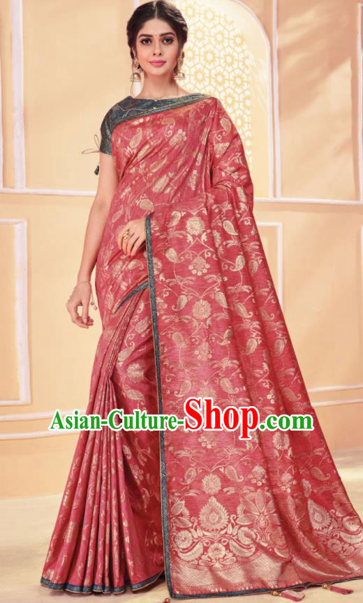 Asian Traditional Indian Light Red Art Silk Sari Dress India National Festival Bollywood Costumes for Women