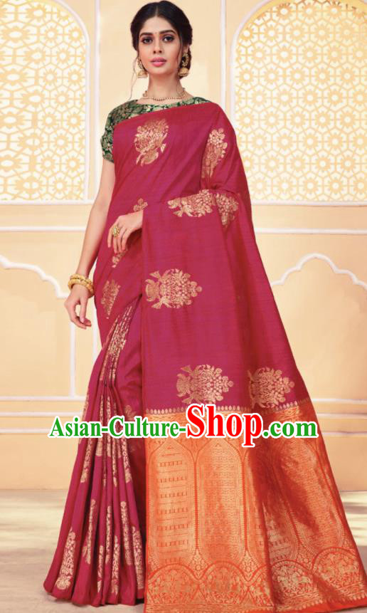 Asian Traditional Indian Rosy Art Silk Sari Dress India National Festival Bollywood Costumes for Women