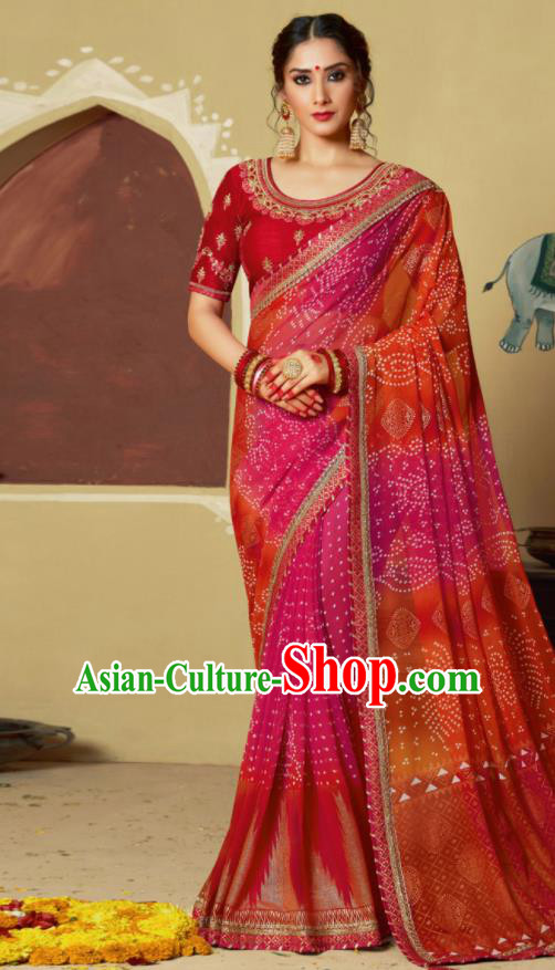 Traditional Indian Rosy Georgette Sari Dress Asian India National Festival Bollywood Costumes for Women