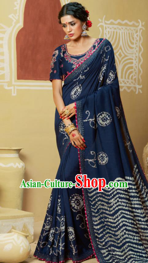 Traditional Indian Navy Georgette Sari Dress Asian India National Festival Bollywood Costumes for Women