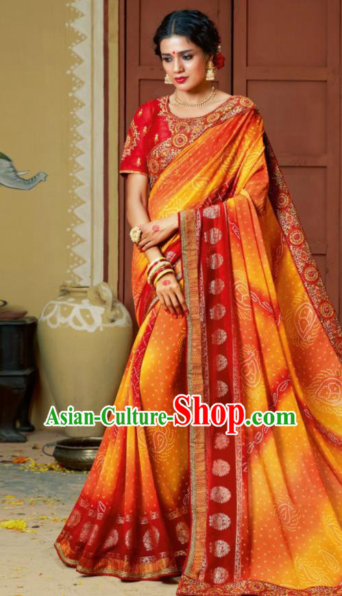 Traditional Indian Saffron Georgette Sari Dress Asian India National Festival Bollywood Costumes for Women