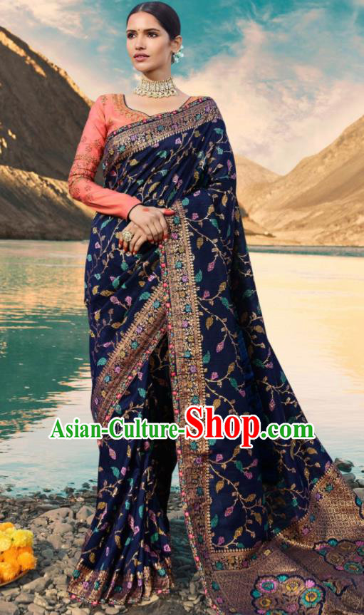 Traditional Indian Navy Silk Sari Dress Asian India National Festival Bollywood Costumes for Women