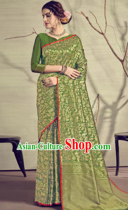 Traditional Indian Patrician Green Silk Sari Dress Asian India National Festival Bollywood Costumes for Women