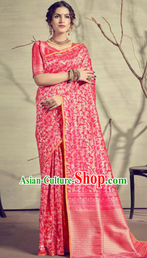 Traditional Indian Patrician Pink Silk Sari Dress Asian India National Festival Bollywood Costumes for Women