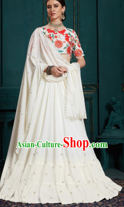Indian Traditional Lehenga Embroidered White Dress Asian India National Festival Costumes for Women