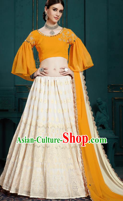 Indian Traditional Lehenga Embroidered Orange Dress Asian India National Festival Costumes for Women