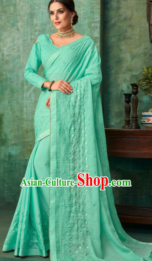 Indian Traditional Wedding Embroidered Green Sari Dress Asian India National Festival Costumes for Women