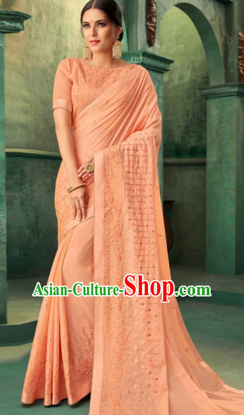 Indian Traditional Wedding Embroidered Orange Sari Dress Asian India National Festival Costumes for Women
