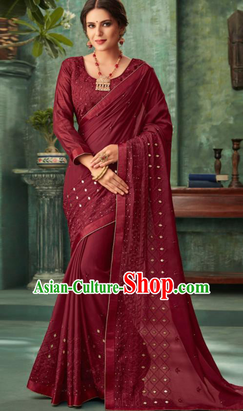 Indian Traditional Wedding Embroidered Wine Red Sari Dress Asian India National Festival Costumes for Women