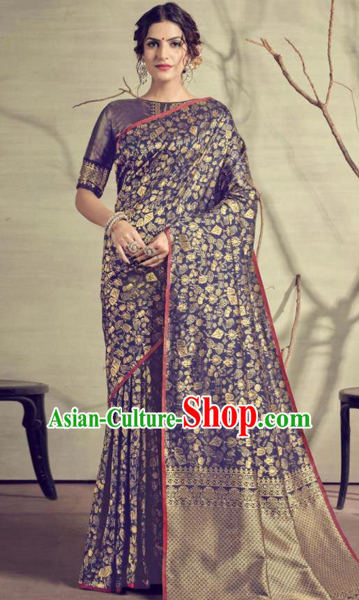 Traditional Indian Patrician Navy Silk Sari Dress Asian India National Festival Bollywood Costumes for Women