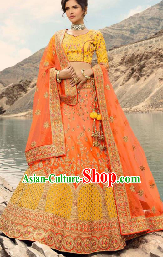 Indian Traditional Lehenga Embroidered Orange Dress Asian India National Festival Costumes for Women