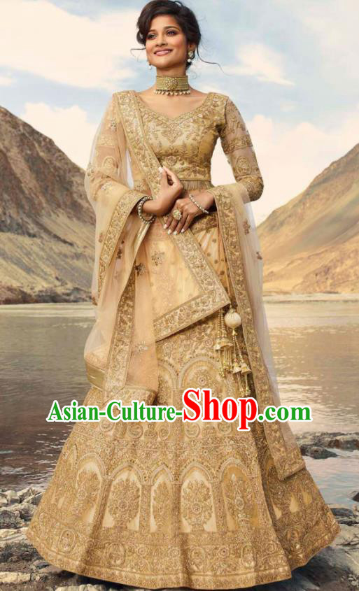 Indian Traditional Lehenga Embroidered Golden Dress Asian India National Festival Costumes for Women