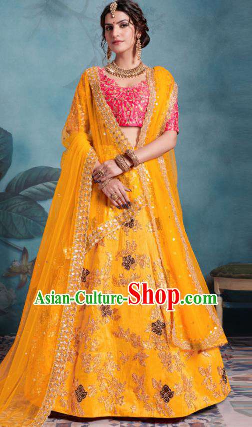 Indian Traditional Court Lehenga Bollywood Embroidered Yellow Dress Asian India National Festival Costumes for Women