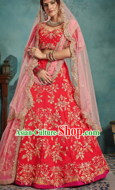 Indian Traditional Court Wedding Lehenga Bollywood Embroidered Rosy Dress Asian India National Festival Costumes for Women