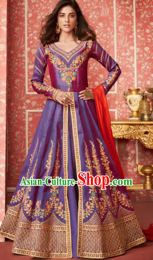 Indian Traditional Court Bollywood Embroidered Blue Silk Anarkaili Dress Asian India National Festival Costumes for Women