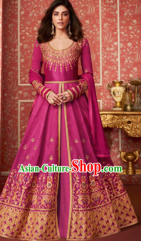 Indian Traditional Court Bollywood Embroidered Rosy Silk Anarkaili Dress Asian India National Festival Costumes for Women