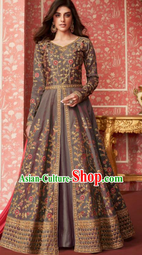 Indian Traditional Court Bollywood Embroidered Grey Silk Anarkaili Dress Asian India National Festival Costumes for Women