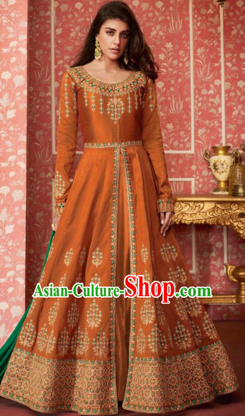 Indian Traditional Court Bollywood Embroidered Orange Silk Anarkaili Dress Asian India National Festival Costumes for Women