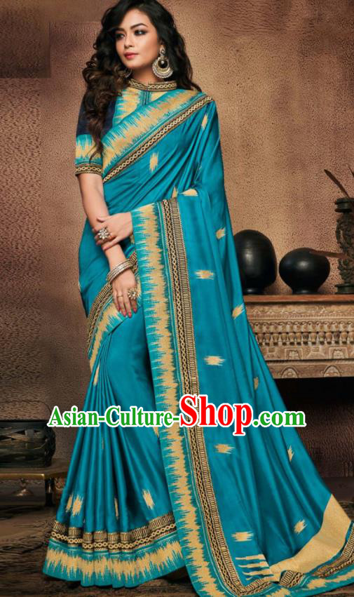 Indian Traditional Court Bollywood Blue Satin Sari Dress Asian India National Festival Costumes for Women