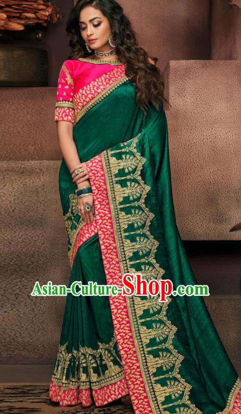 Indian Traditional Court Bollywood Deep Green Satin Sari Dress Asian India National Festival Costumes for Women