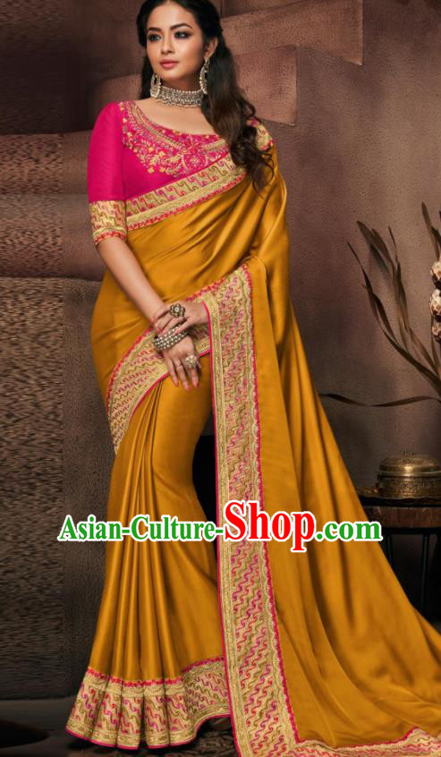 Indian Traditional Court Bollywood Golden Satin Sari Dress Asian India National Festival Costumes for Women