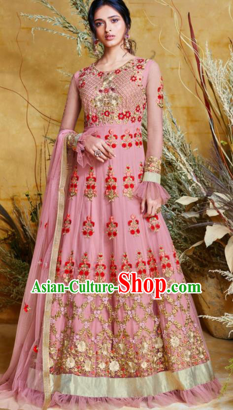 Indian Traditional Court Anarkali Kurta Pink Dress Asian India National Festival Costumes for Women