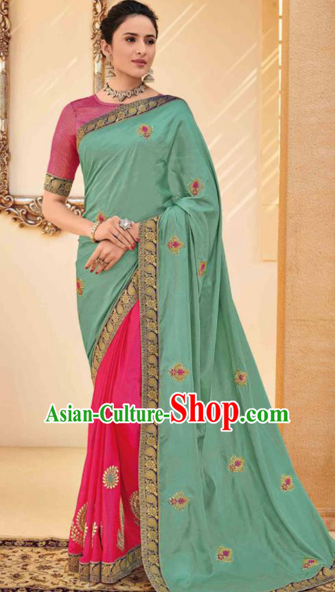 Traditional Indian Saree Green and Rosy Silk Sari Dress Asian India National Festival Bollywood Costumes for Women