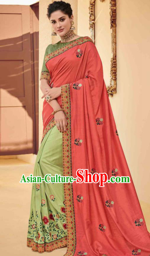 Traditional Indian Saree Pink and Green Silk Sari Dress Asian India National Festival Bollywood Costumes for Women