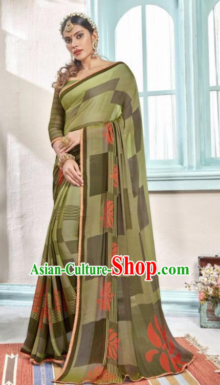 Indian Traditional Court Printing Olive Green Sari Dress Asian India National Festival Costumes for Women