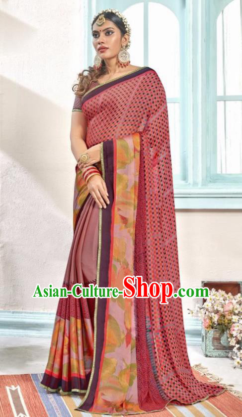 Indian Traditional Court Printing Wine Red Sari Dress Asian India National Festival Costumes for Women