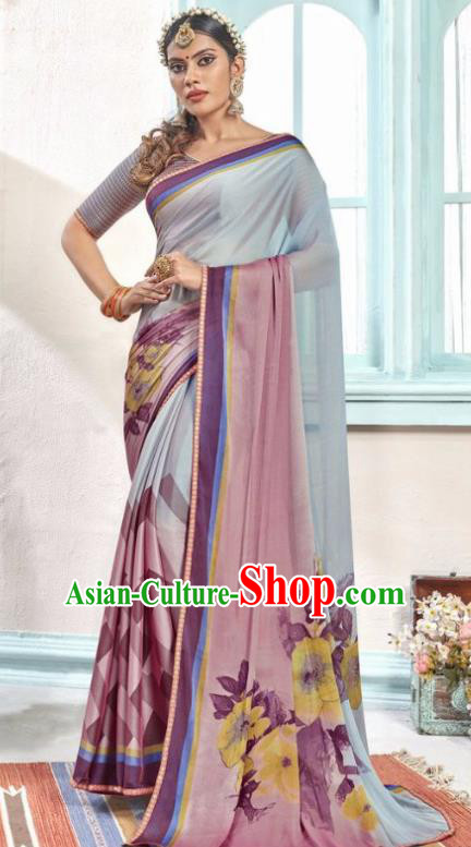 Indian Traditional Court Printing Light Blue Sari Dress Asian India National Festival Costumes for Women