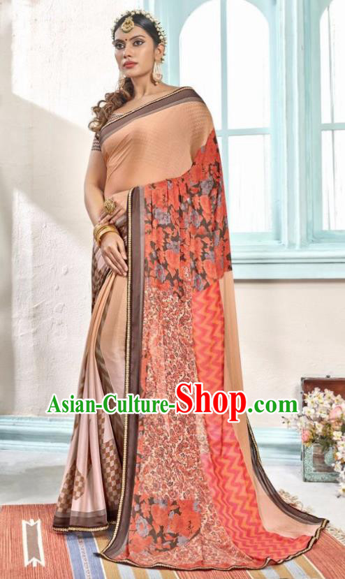 Indian Traditional Court Printing Pink Sari Dress Asian India National Festival Costumes for Women