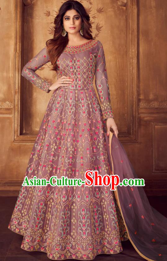 Indian Traditional Court Embroidered Purple Anarkali Dress Asian India National Festival Costumes for Women