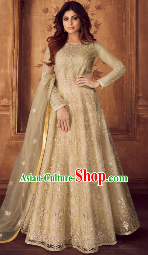 Indian Traditional Court Embroidered Apricot Anarkali Dress Asian India National Festival Costumes for Women