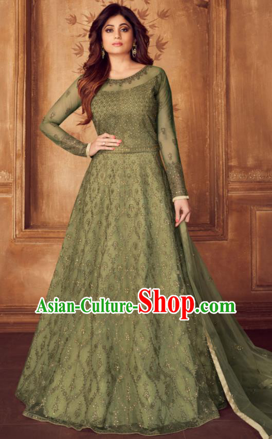 Indian Traditional Court Embroidered Olive Green Anarkali Dress Asian India National Festival Costumes for Women