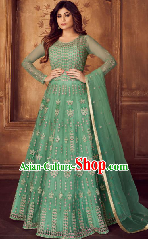 Indian Traditional Court Embroidered Green Anarkali Dress Asian India National Festival Costumes for Women