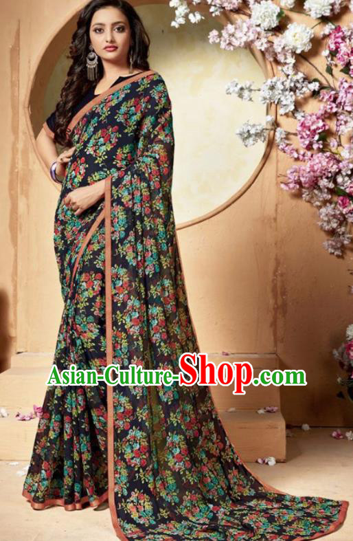 Indian Traditional Court Printing Black Chiffon Sari Dress Asian India National Festival Costumes for Women