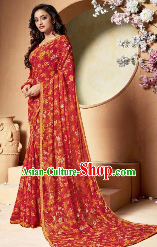 Indian Traditional Court Printing Red Chiffon Sari Dress Asian India National Festival Costumes for Women