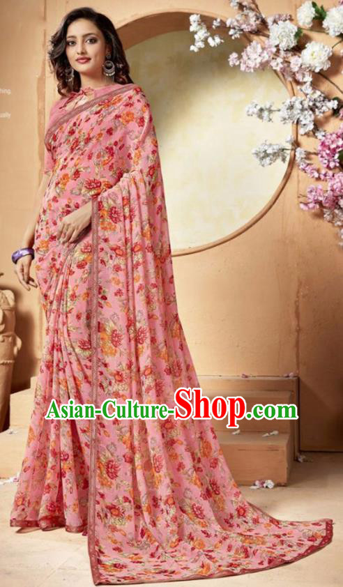 Indian Traditional Court Printing Pink Chiffon Sari Dress Asian India National Festival Costumes for Women