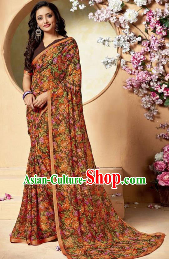 Indian Traditional Court Printing Chiffon Sari Dress Asian India National Festival Costumes for Women