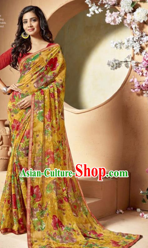 Indian Traditional Court Printing Yellow Chiffon Sari Dress Asian India National Festival Costumes for Women
