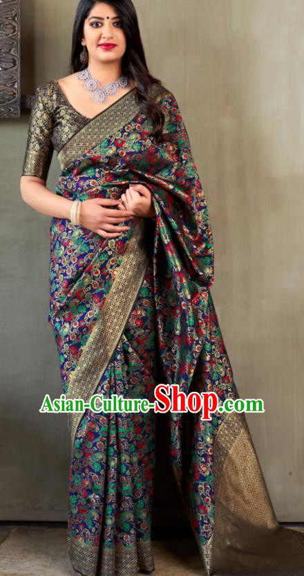 Traditional Indian Banarasi Saree Deep Blue Silk Sari Dress Asian India National Festival Bollywood Costumes for Women