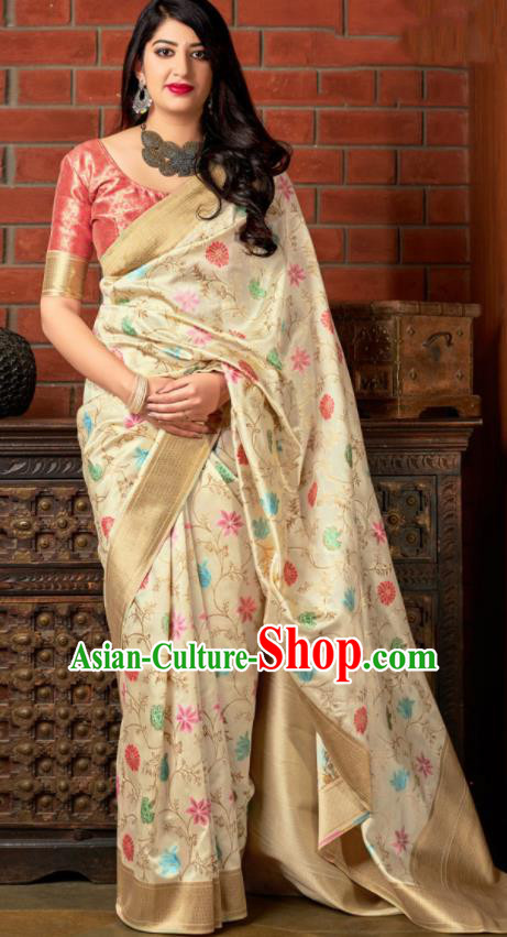 Traditional Indian Banarasi Saree Beige Silk Sari Dress Asian India National Festival Bollywood Costumes for Women