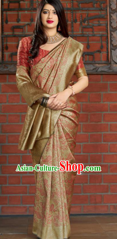 Traditional Indian Banarasi Saree Khaki Silk Sari Dress Asian India National Festival Bollywood Costumes for Women